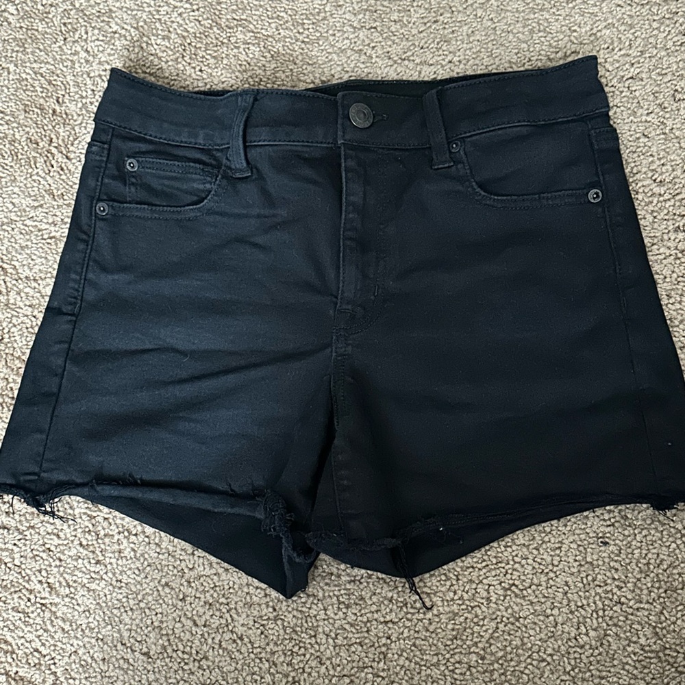 American Eagle Black Denim Hi-Rise Shortie Shorts, Size 10